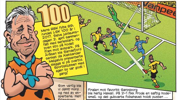 Hundre år med fotball på Lillestrøm skal mellom to tegneseriepermer.  Tegning: Sveen & Emberland.